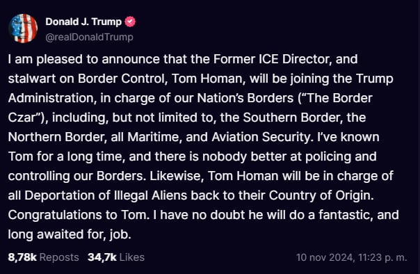 Donald Trump appoints Tom Homan, border, MUndoNow