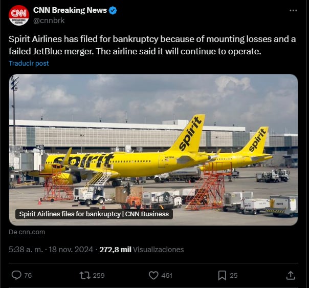 Bancarrota Spirit Airlines, crisis,reestructuración,avion,MundoNow