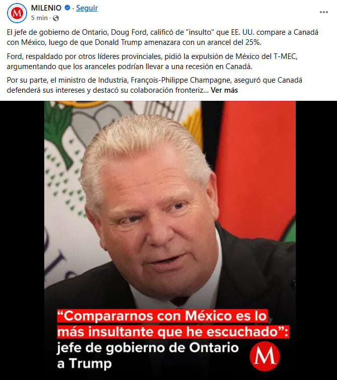 Canadá: "Compararnos con México, canada,Doug Ford, Trump
