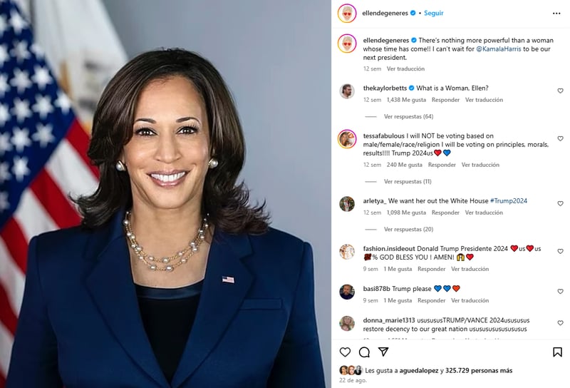 Ellen, donacion, presidenta, kamala, harris 