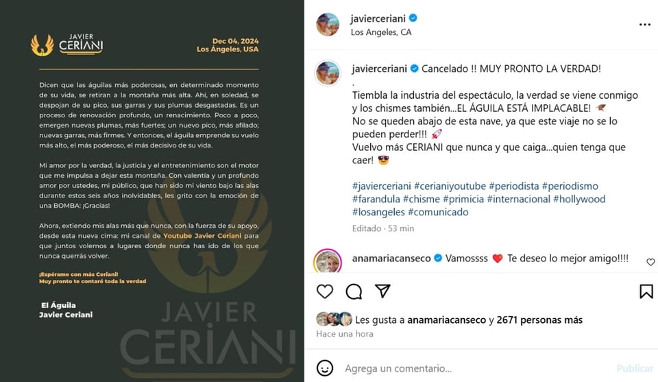 Javier Ceriani salida, Chisme No Like, comunicado, redes sociales, MundoNOW