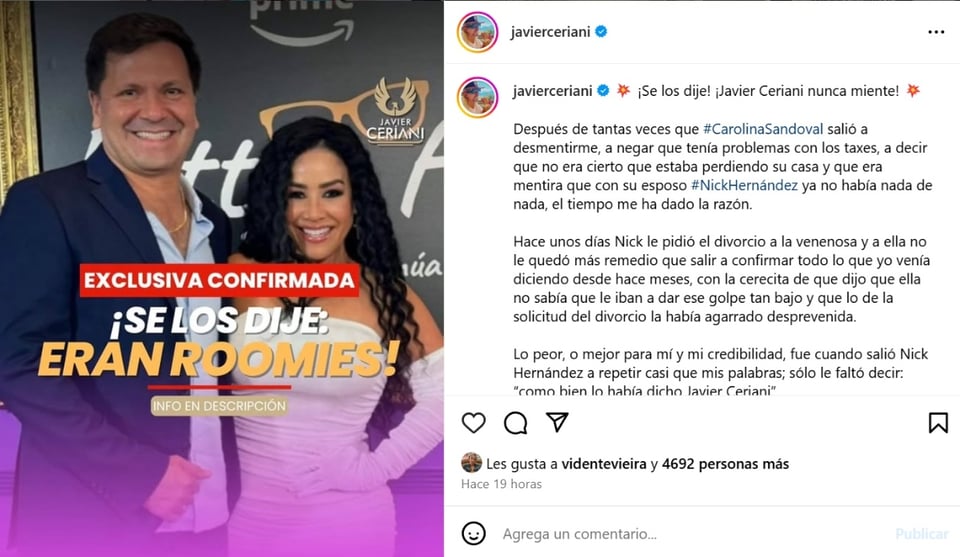 Carolna y Nick, redes sociales, Instagram, Javier Ceriani, MundoNOW