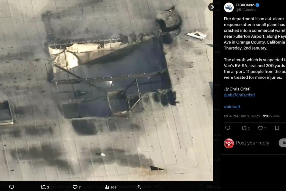 accidente aéreo Fullerton, avioneta almacén California, heridos accidente aéreo Fullerton, aeropuerto municipal Fullerton, emergencia aérea California, MundoNOW