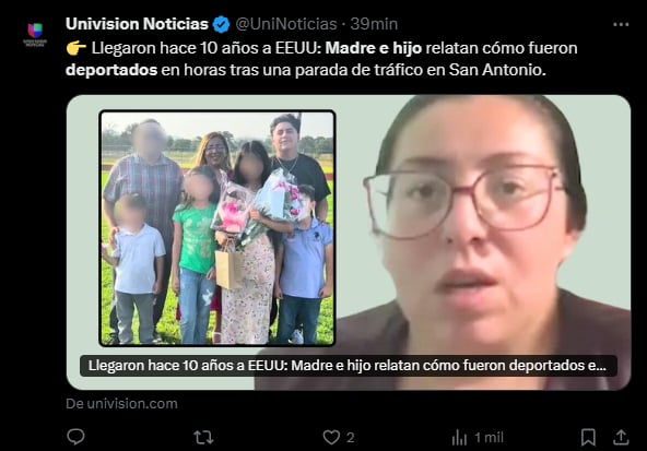 Madre e hijo, deportados, tras control de tráfico, Texas