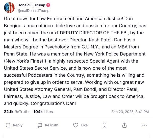 Dan Bongino, appointed Deputy Director of the FBI, Trump