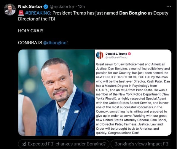 Dan Bongino, nombrado director adjunto del FBI, Trump