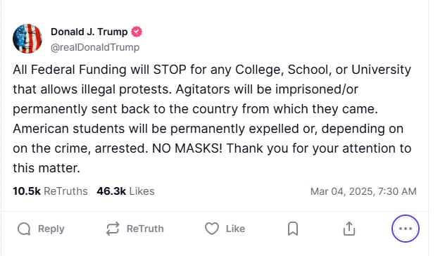 Trump, protests, universities, students, illegal, Trump Threatens to Cut Funding to Schools That Allow "Illegal" Protests