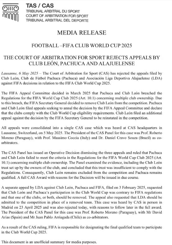 León queda fuera del Mundial, de Clubes