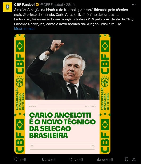 Ancelotti será el nuevo técnico de Brasil