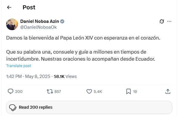 Daniel, Noboa, New, Pope, Congratulations