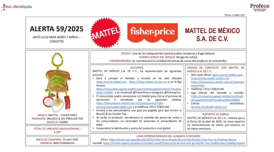 Retiro de juguete Fisher-Price, recall, MundoNOW