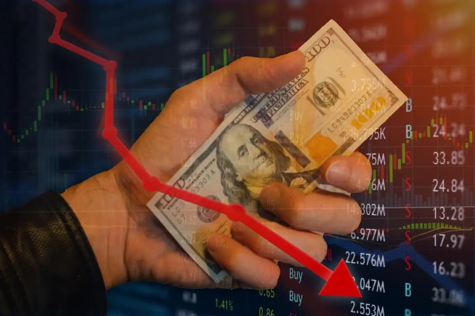 Dollar ticket in the hand of a person, graphic descent, leave the dollar