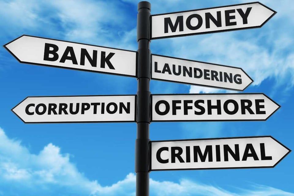 letreros con palabras diversas: banco, dinero, lavado, US Targets Mexican Banks in New Crackdown on Money Laundering