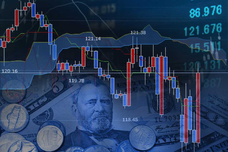 grafico de precios de activos financieros y fondo con monedas y billetes