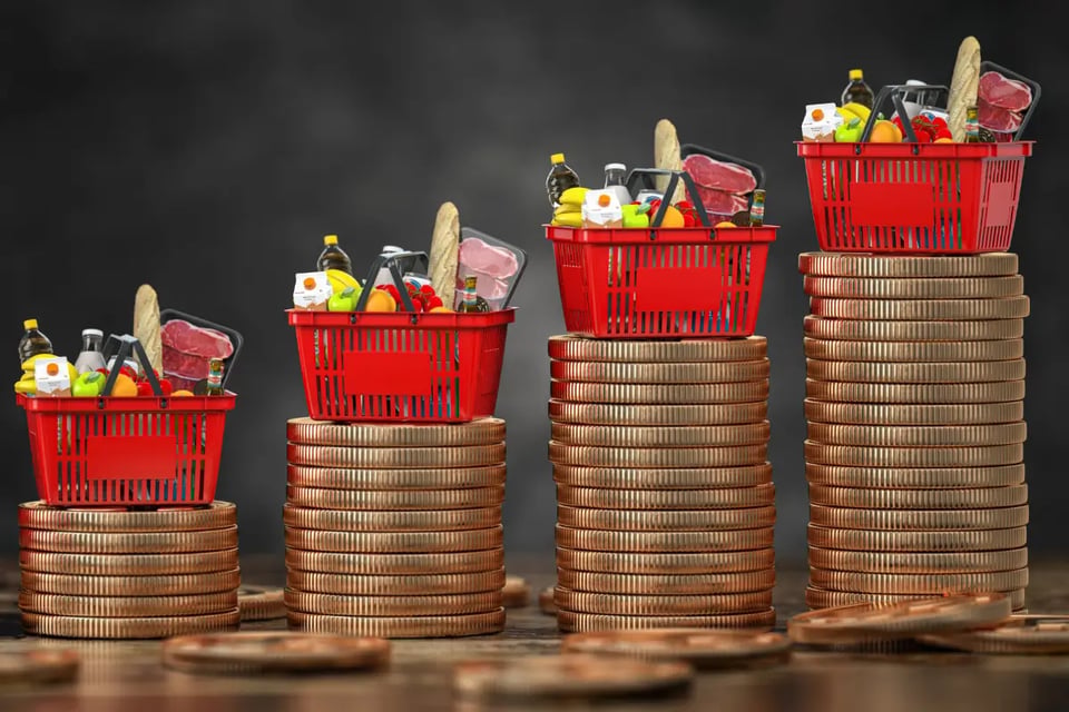 cesta de alimentos, monedas, riesgo de aumento de precios de comida
