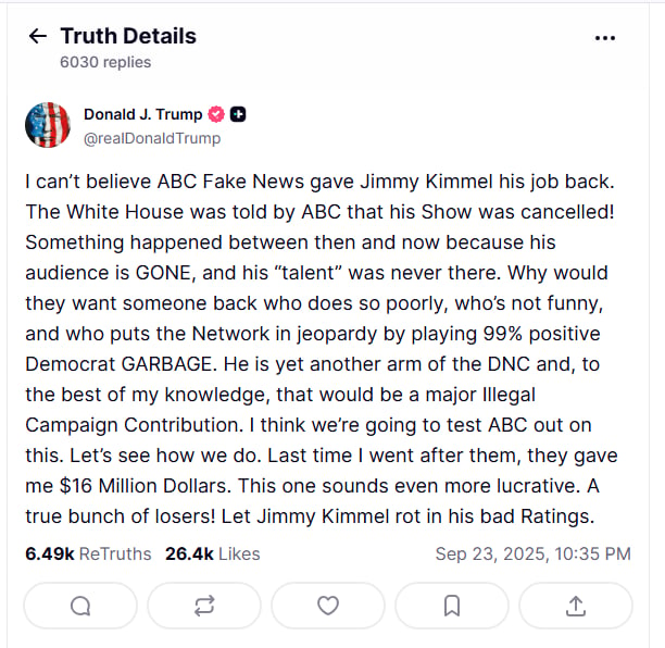trump, kimmel, abc, democratas, enfrentamiento, Trump Accuses ABC of Favoring Democrats with 