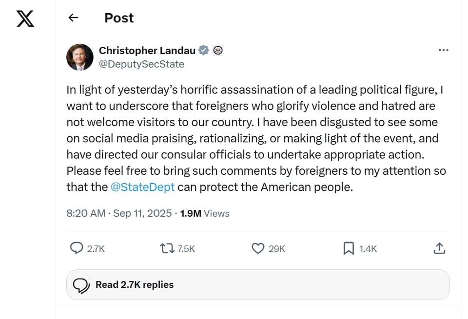 landau, visas, revocadas, charlie, kirk, Trump Administration to Revoke Visas of Foreigners Who Celebrate Charlie Kirk’s Assassination, gobierno