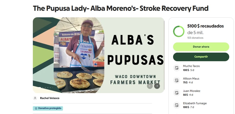 alba moreno , pupusas, gofundme, derrame 