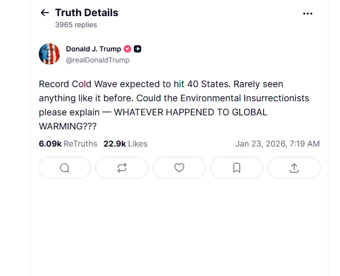 trump, truth, social, clima, frio, tormenta, cambio 