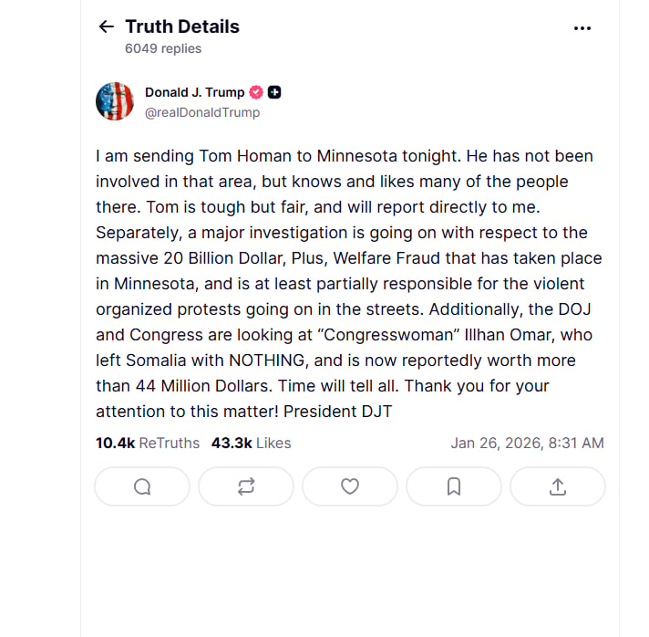 trump, thruth social, homan, ice, mineapolis 