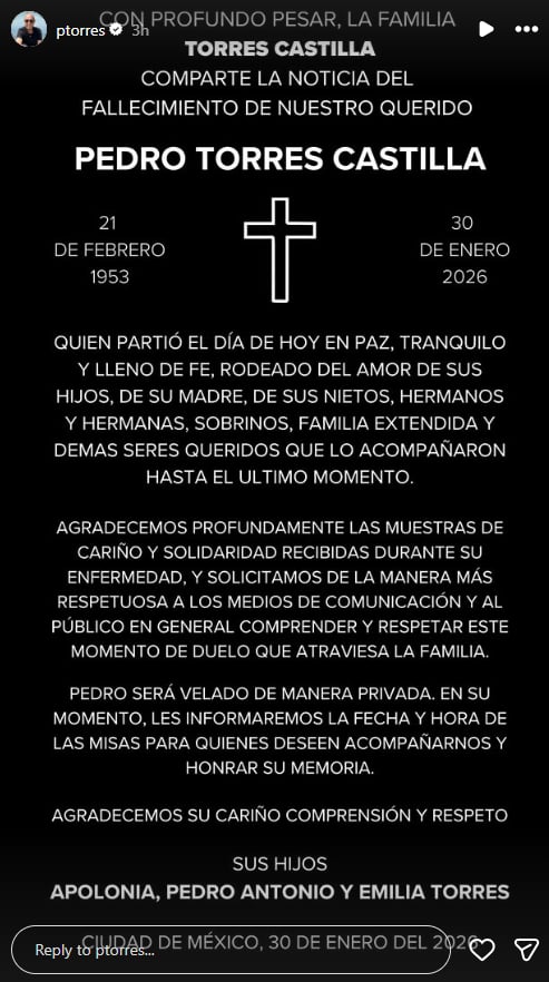 pedro, torres, muere, fallece, lucia, mendez 