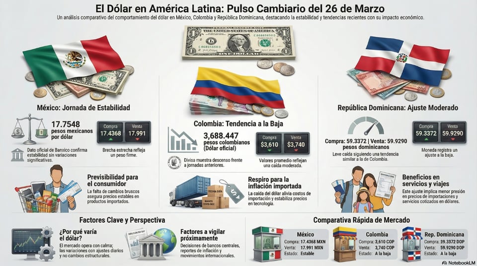Dólar sin cambios en México hoy jueves 26/03: cae en Colombia y RD