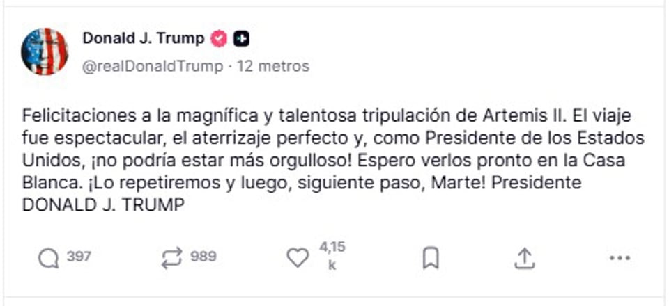 Trump celebra el éxito de Artemis II