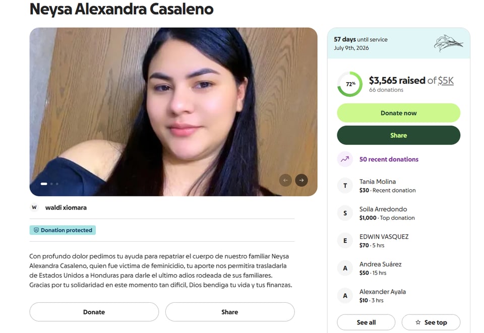 gofundme, asesinato, neysa, hondurena, feminicidio, ayuda 