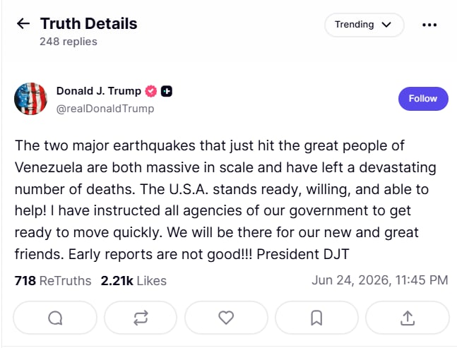trump, venezuela, sismo, ayuda, Venezuela Earthquake Response: Trump Offers Help