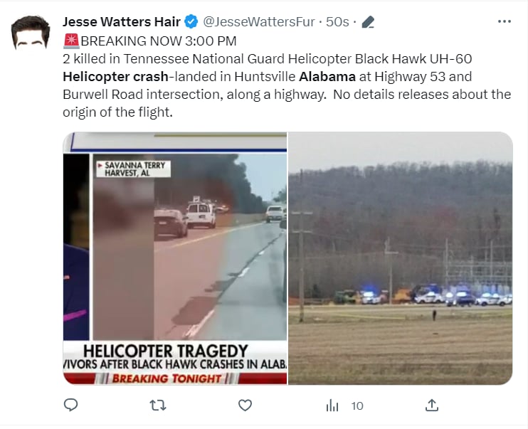 Reportan caída helicóptero Alabama: "Fue pérdida total"