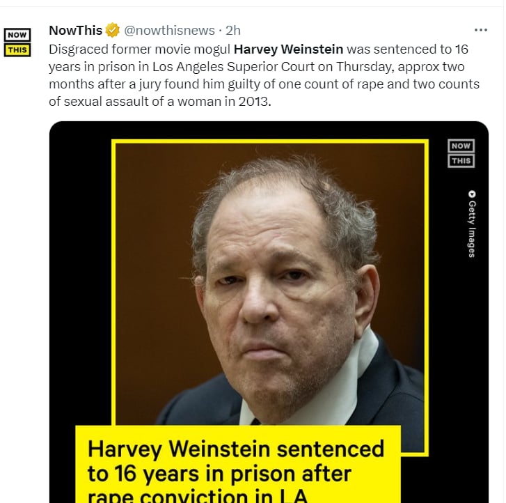 WEINSTEIN RECEIVES 16 YEARS IN PRISON