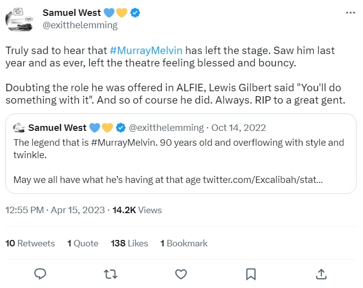 Muere actor Murray Melvin: "Adiós a un gran caballero"