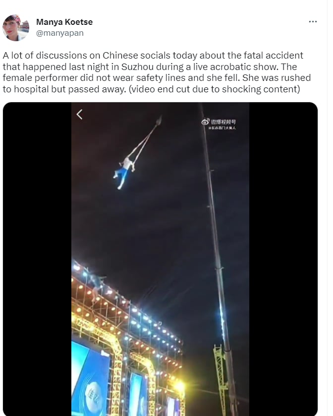 Muere acróbata rutina China: ¿Una venganza del esposo?