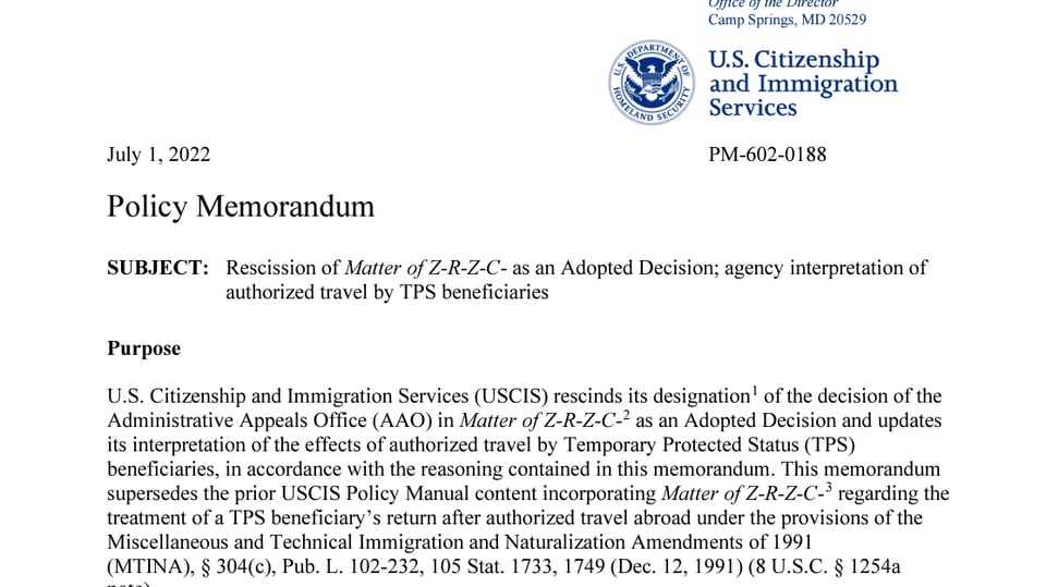 USCIS ANUNCIA CAMBIOS PARA SOLICITANTES TPS