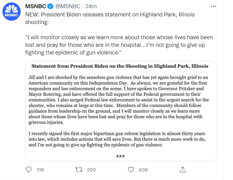 BIDEN OFRECE SUS PRIMERAS DECLARACIONES TRAS TIROTEO