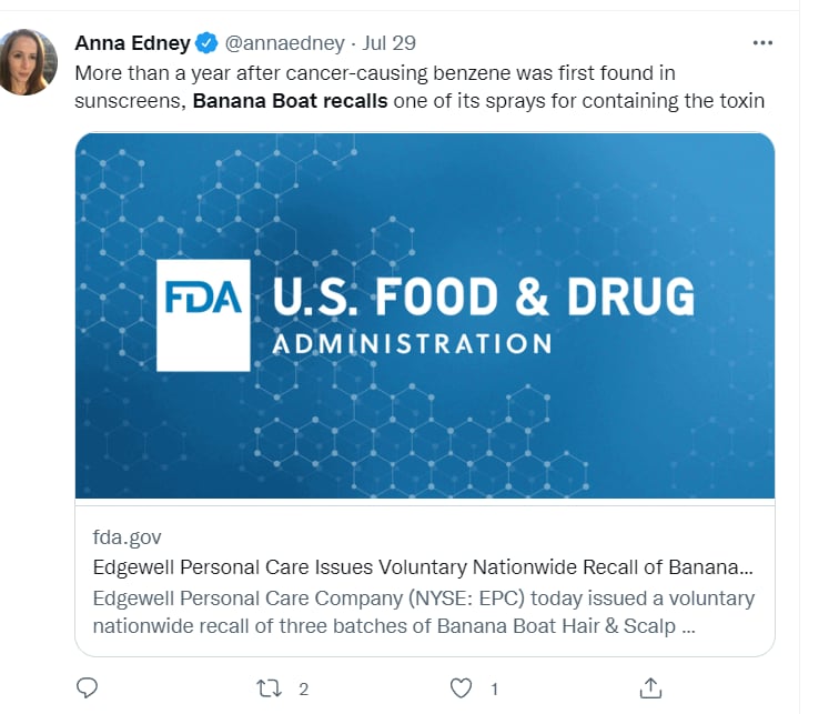 Recall sunscreen USA: What can benzene produce?