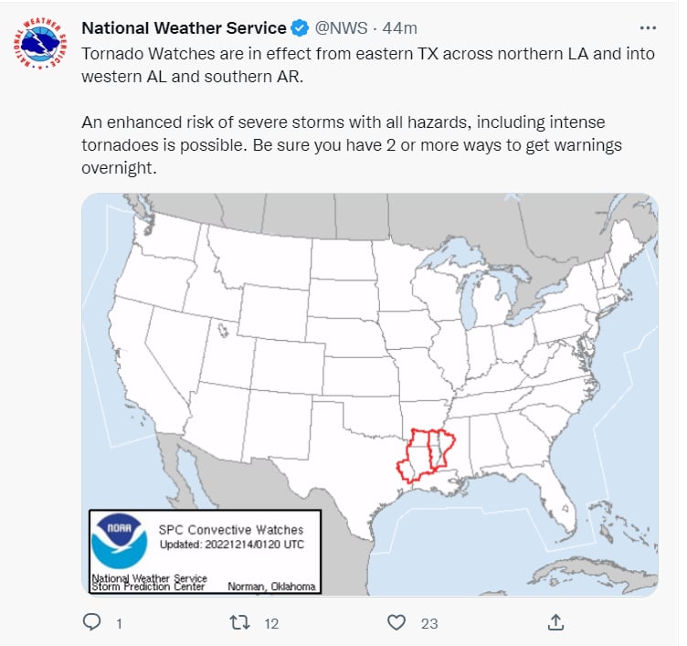 Tormenta invierno diciembre advertencia: ¿Con peligro de tornados?