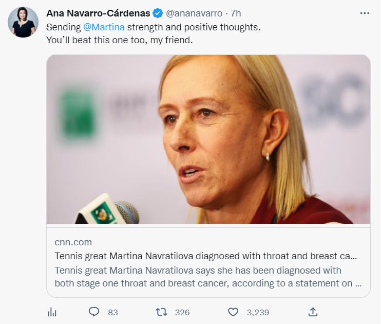 Detectan cáncer Martina Navratilova: La trayectoria de Navratilova
