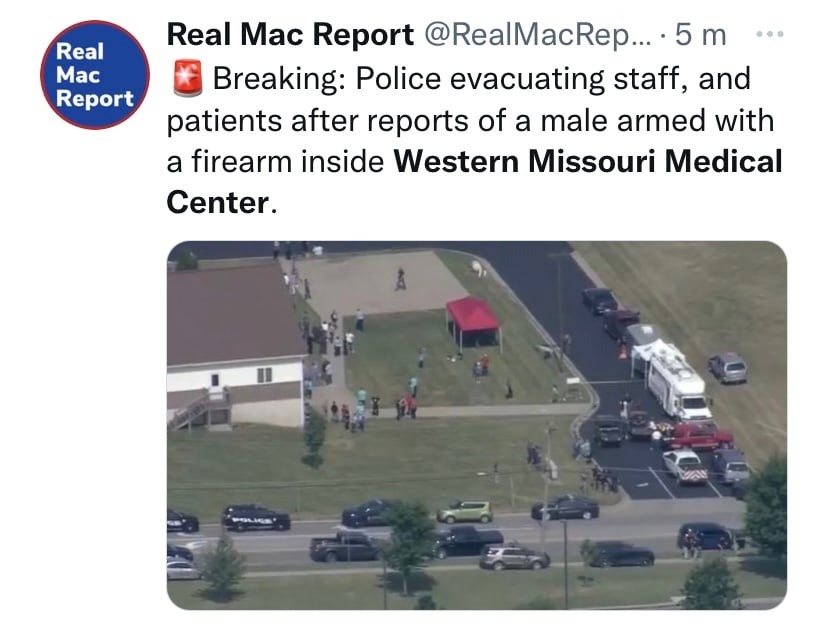 Confirman situación de tirador activo en el Western Missouri Medical Center