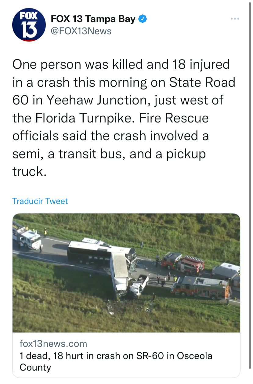 Confirman muchos heridos tras accidente en el Condado de Osceola