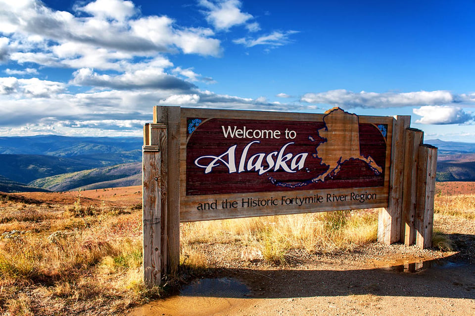 Alaska, cartel de bienvenida, viajes, carretera, paisaje