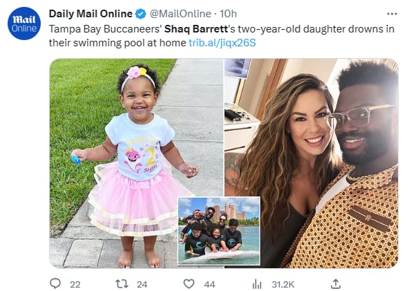 Daughter Shaquil Barrett dies