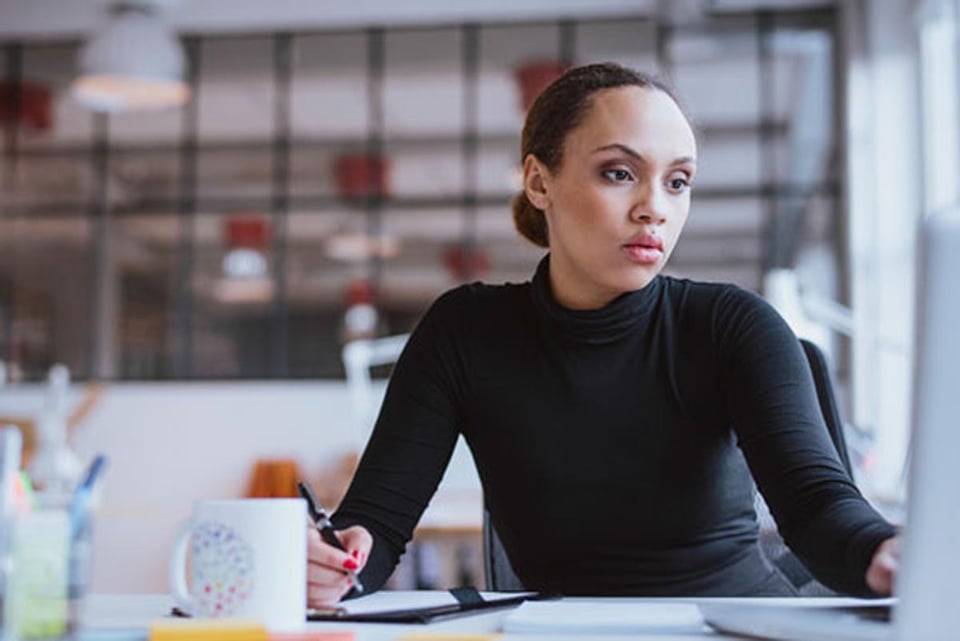 Black woman, office, taking notes, job, salary
