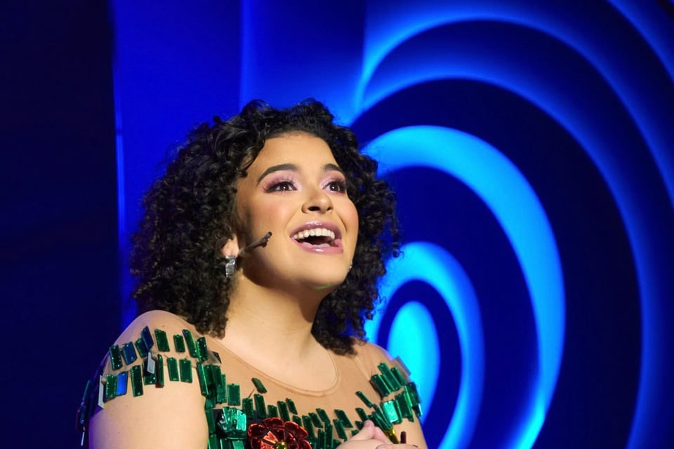 teatro, obras, escena, vestido verde, cabello rizado