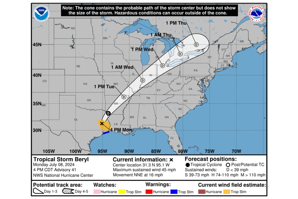Beryl, tormenta tropical, Houston, inundaciones, vientos dañinos, MundoNOW