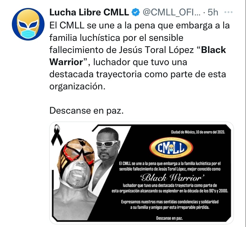 Luto en la lucha mexicana por la muerte de Black Warrior