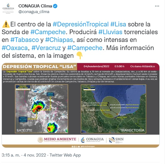 La depresión tropical Lisa avanza por el sur de México