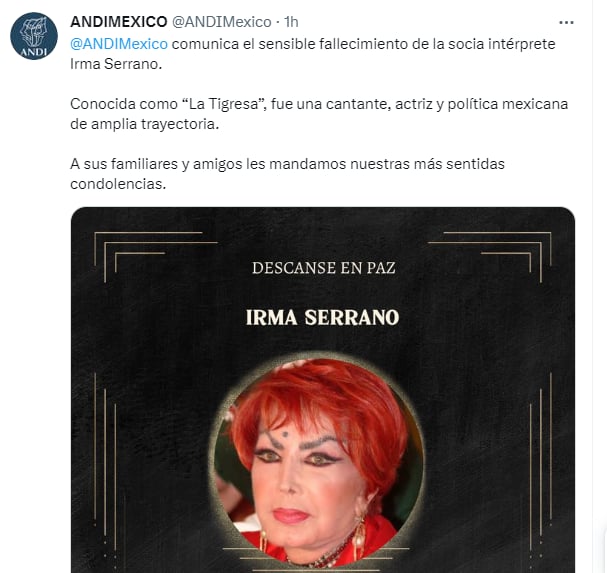 La Asociación Nacional de Intérpretes de México también lamentó el fallecimiento