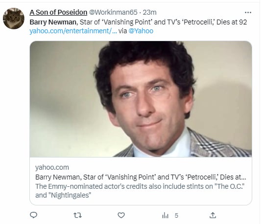 Muere el legendario actor estadounidense Barry Newman a los 92 años