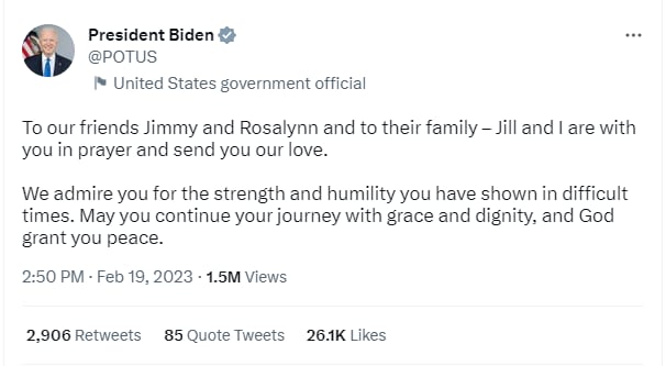 Joe Biden manda mensaje de apoyo al ex presidente Jimmy Carter y dice rezar por él